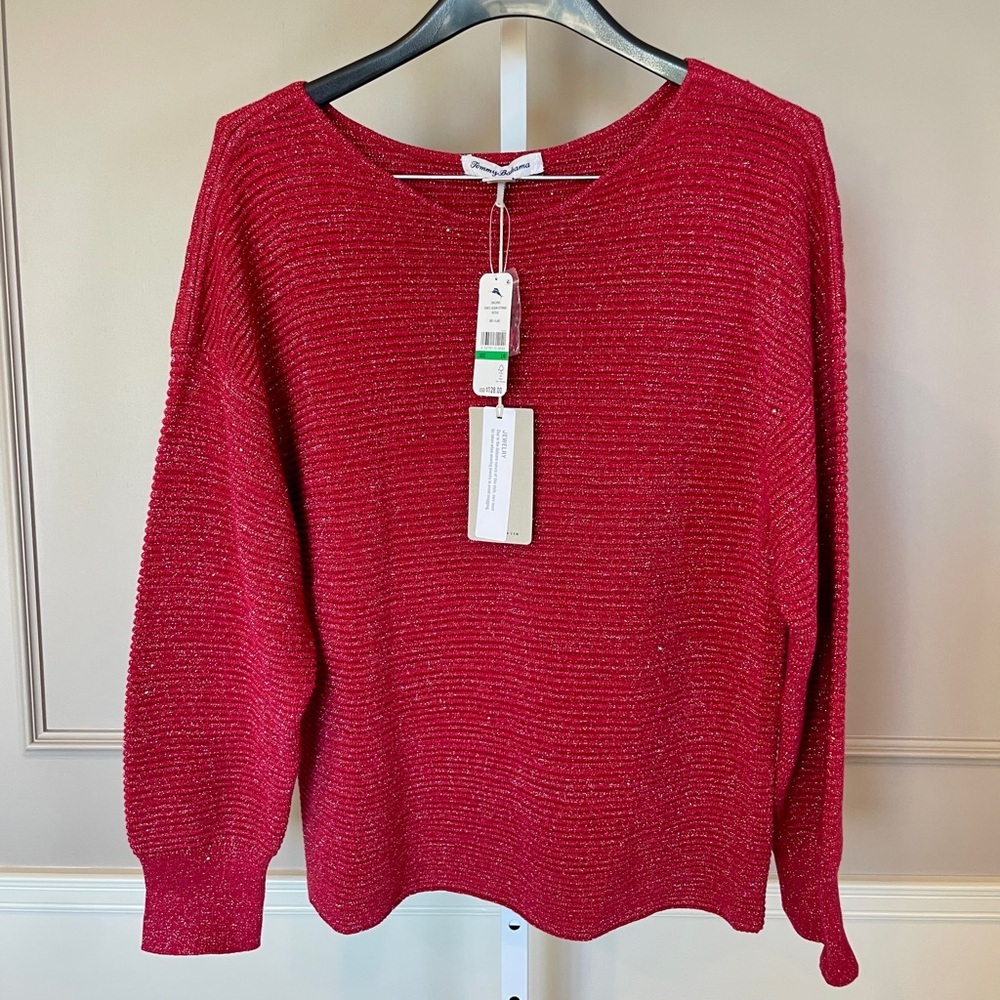 Tommy Bahama NWT Women's Large Sweater Red Bonita Sequin Ottoman Crew $128